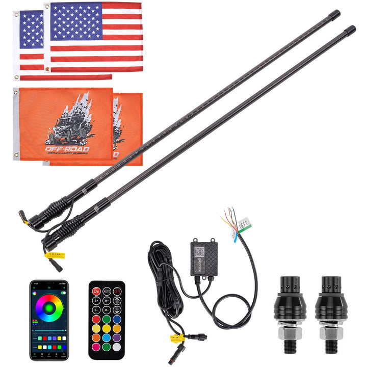 UTV LED Whip Lights 3FT (2PCS) – APP Control, Signal Sync, Spring Base – Fits Maverick X3, Polaris RZR, Talon - Kemimoto