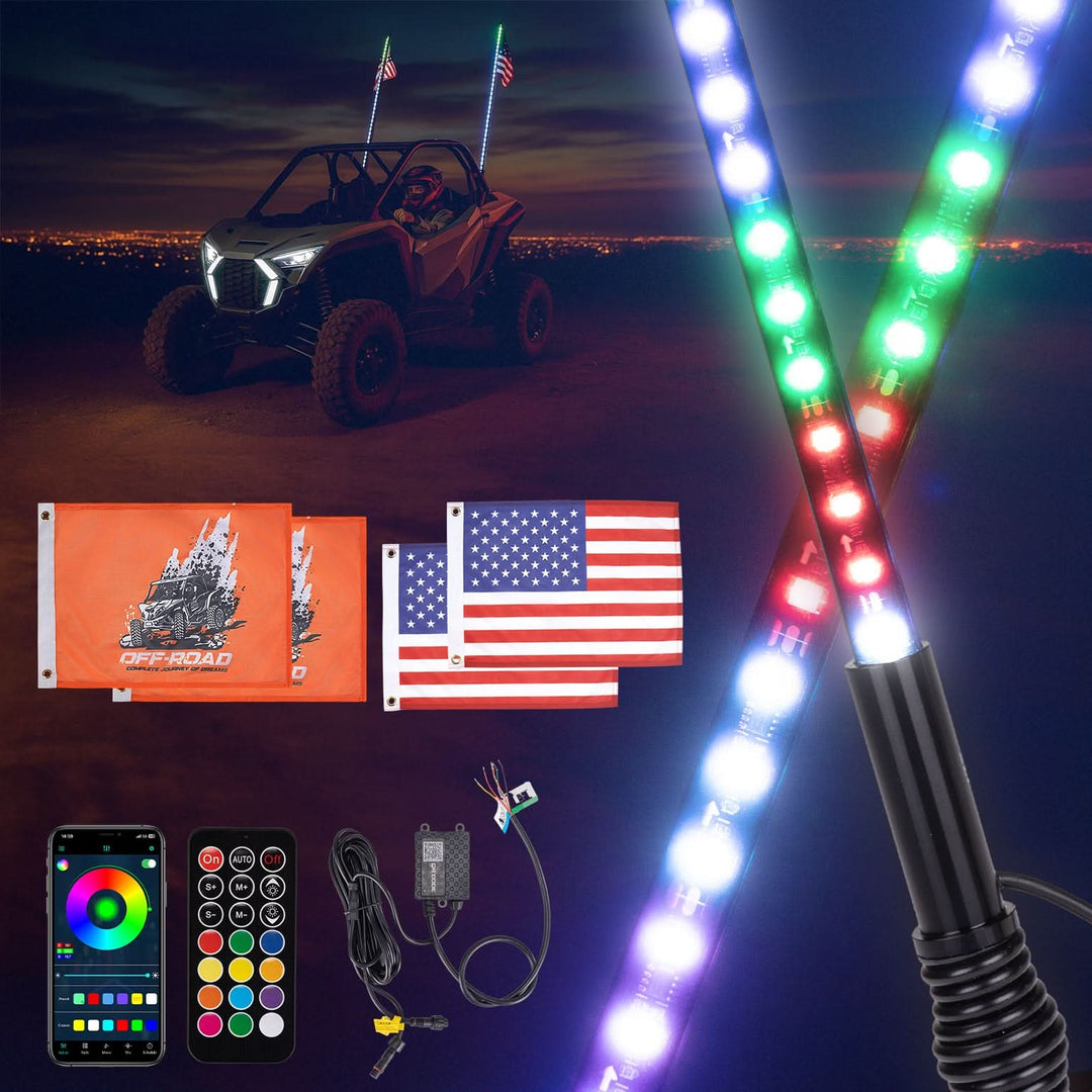 UTV LED Whip Lights 3FT (2PCS) – APP Control, Signal Sync, Spring Base – Fits Maverick X3, Polaris RZR, Talon - Kemimoto