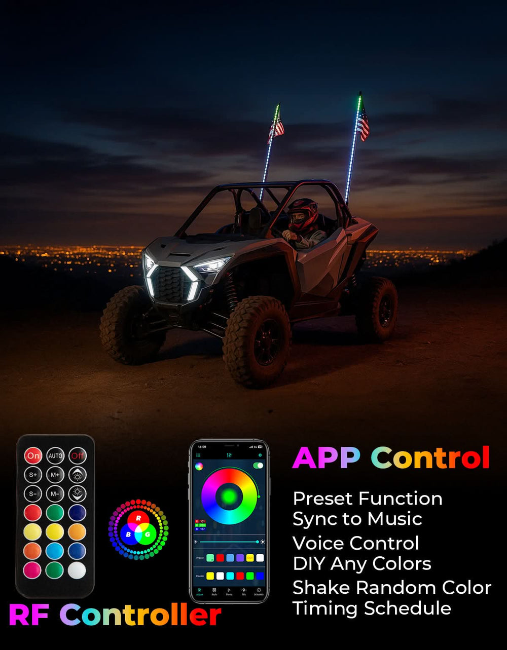 UTV LED Whip Lights 3FT (2PCS) – APP Control, Signal Sync, Spring Base – Fits Maverick X3, Polaris RZR, Talon - Kemimoto