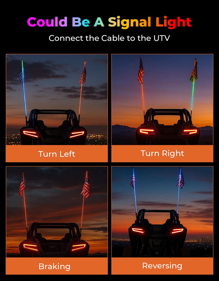 UTV LED Whip Lights 3FT (2PCS) – APP Control, Signal Sync, Spring Base – Fits Maverick X3, Polaris RZR, Talon - Kemimoto