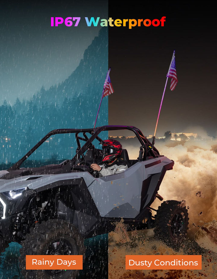UTV LED Whip Lights 3FT (2PCS) – APP Control, Signal Sync, Spring Base – Fits Maverick X3, Polaris RZR, Talon - Kemimoto