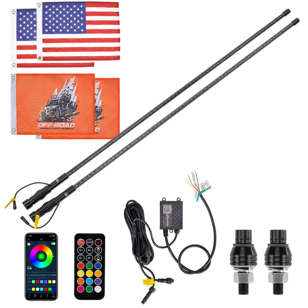 LED Whip Lights (2PCS) – APP Controlled with Turn/Brake/Reverse Signal Sync, Spring Mount – For UTV/ATV - Kemimoto