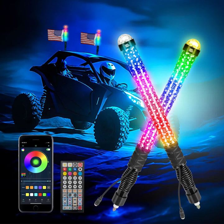 2PCS 2FT LED Whip Lights RGB Spiral Chasing for UTV ATV Can-Am Polaris