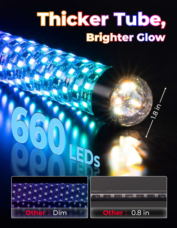 2PCS 2FT LED Whip Lights RGB Spiral Chasing for UTV ATV Can-Am Polaris
