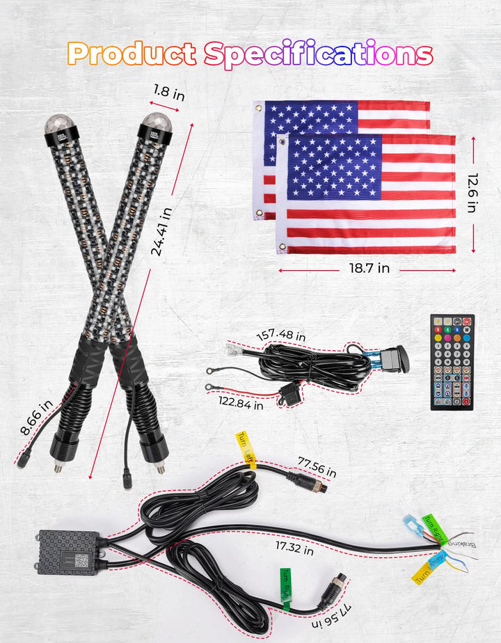 2PCS 2FT LED Whip Lights RGB Spiral Chasing for UTV ATV Can-Am Polaris