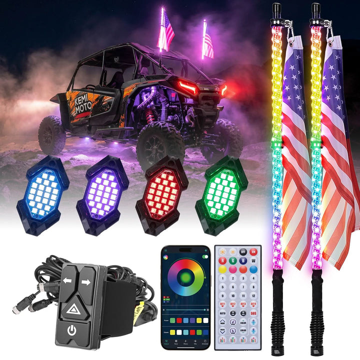 UTV/ATV Universal 3FT LED Whip Lights & Rock Lights Combo
