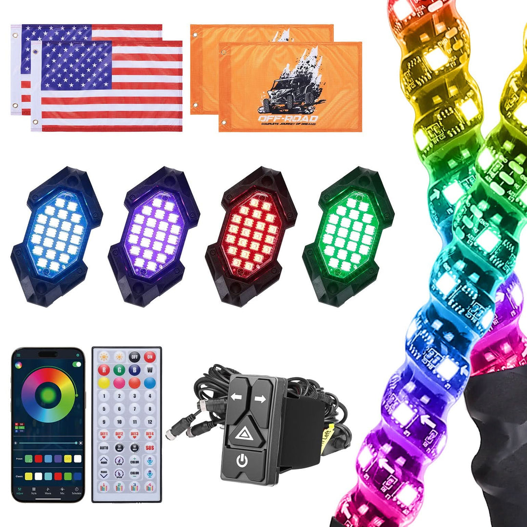 UTV/ATV Universal 3FT LED Whip Lights & Rock Lights Combo