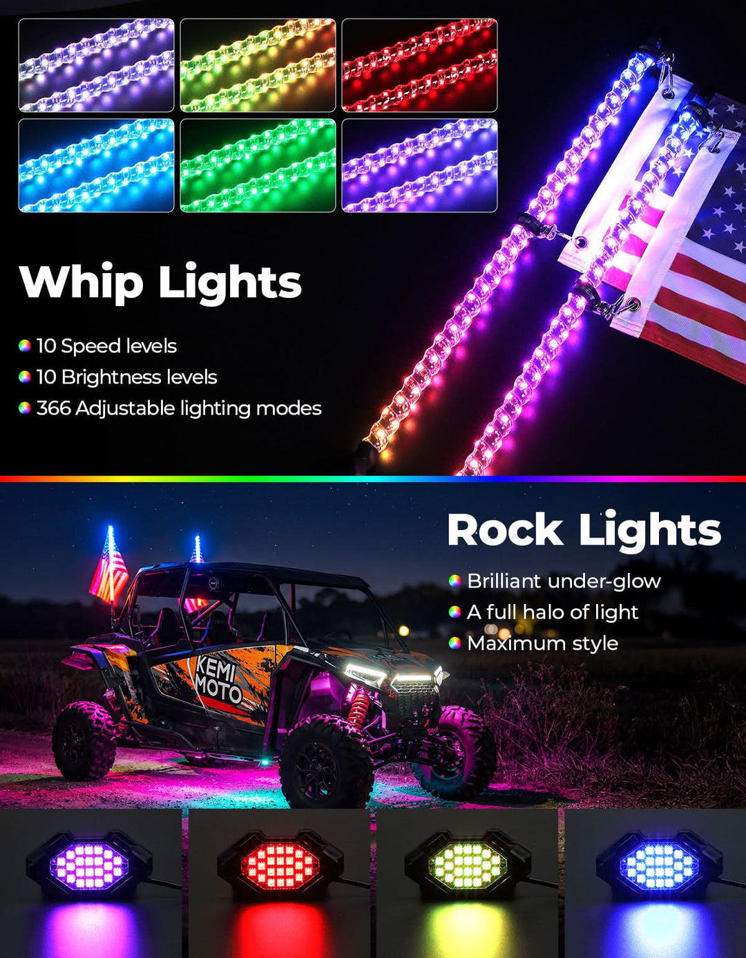 UTV/ATV Universal 3FT LED Whip Lights & Rock Lights Combo