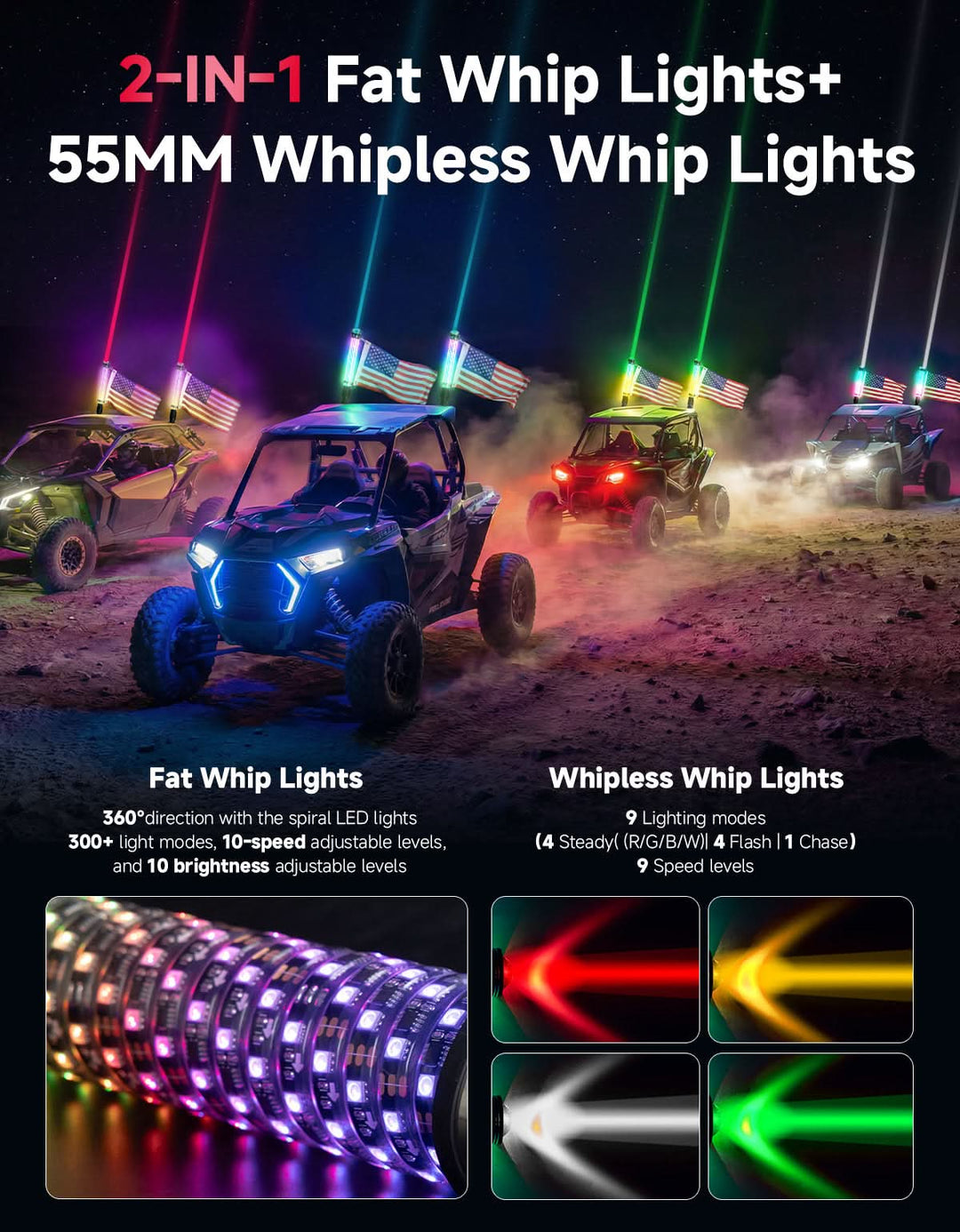UTV/ATV Universal 2-in-1 2PCS 2FT RGB Whipless LED Whip Lights - Kemimoto