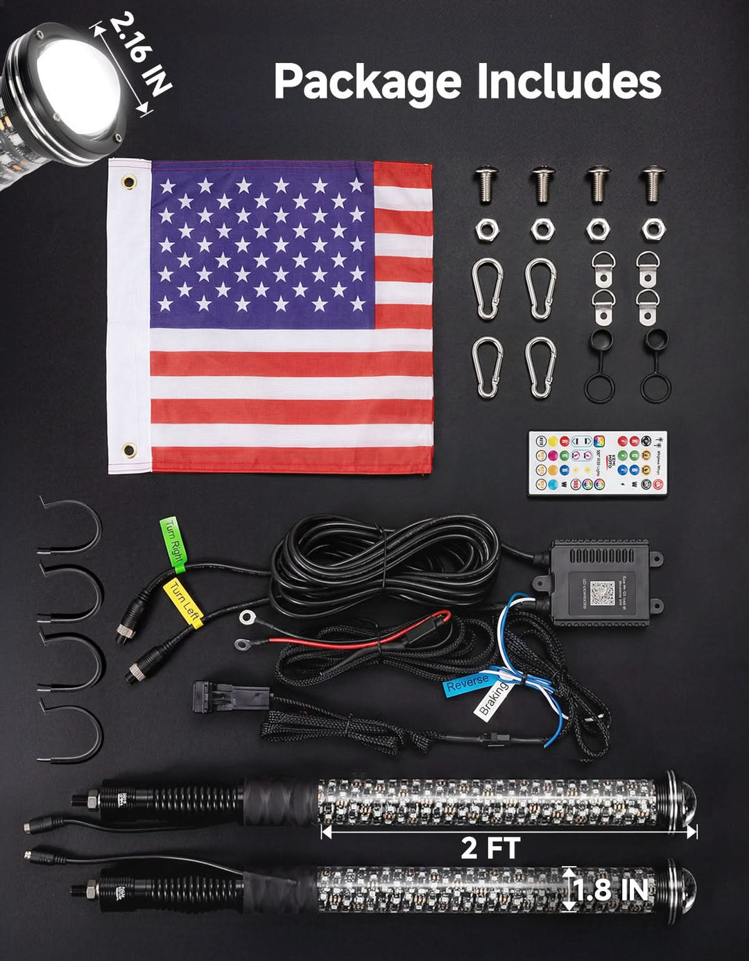 UTV/ATV Universal 2-in-1 2PCS 2FT RGB Whipless LED Whip Lights - Kemimoto