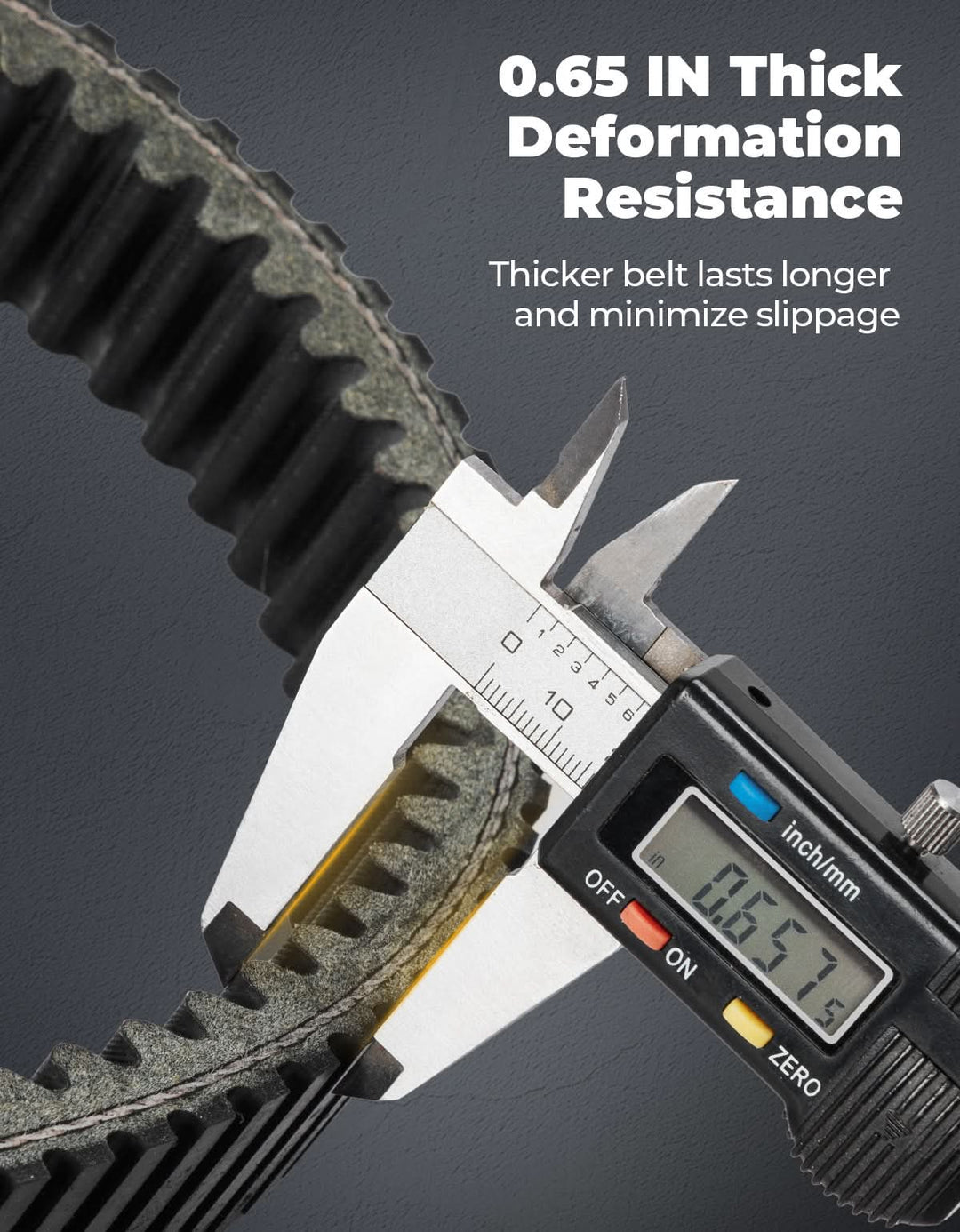 Close-up of a belt with a digital caliper measuring its thickness