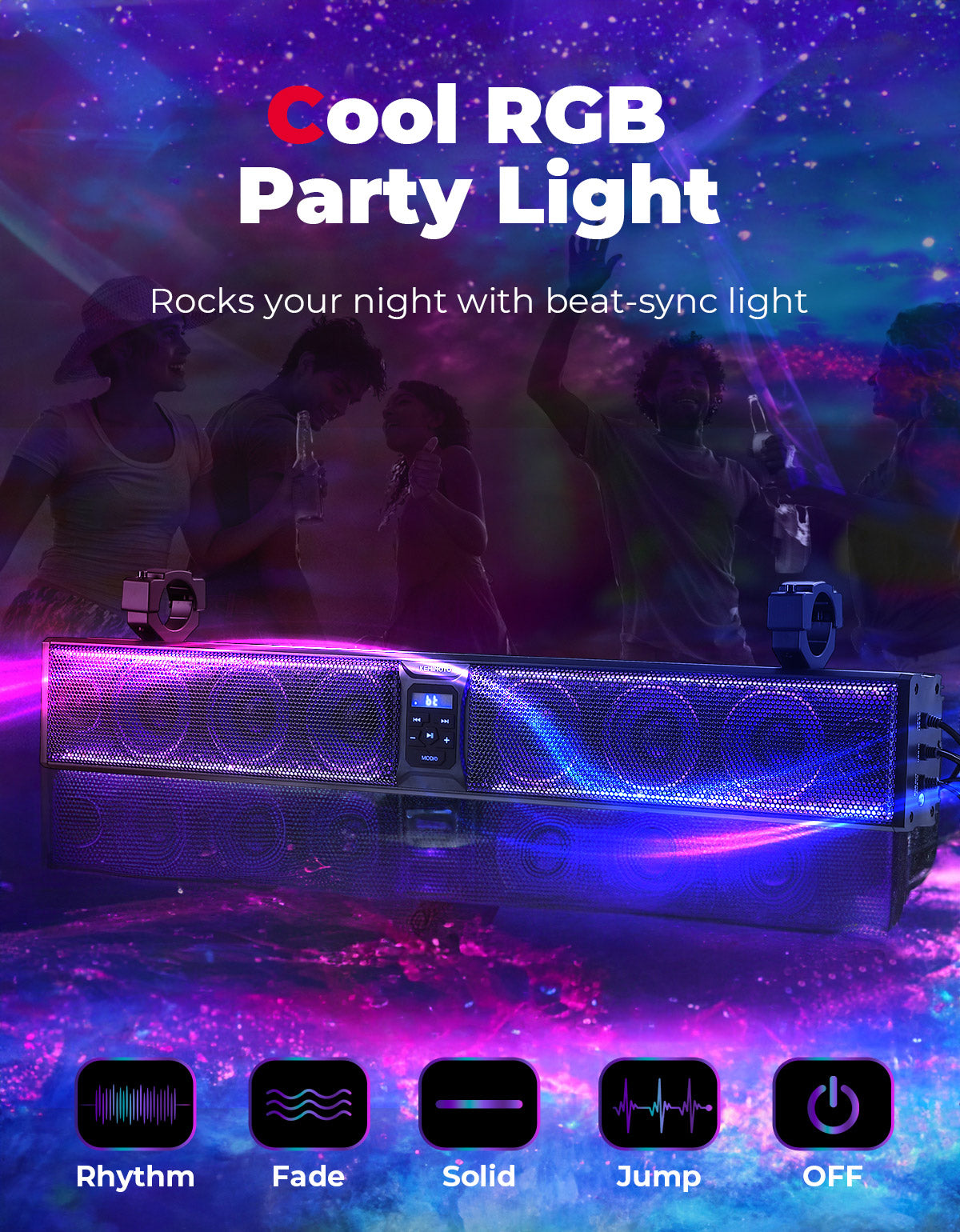 33 Inch 8-Speaker RGB UTV Bluetooth Sound Bar for 1.75''-2.25'' Roll Bar - Kemimoto