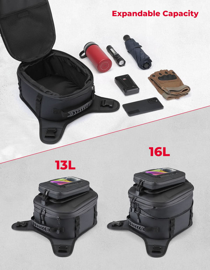 Motorcycle Tank Bag 13-16L Waterproof Hard Shell with Phone Holder