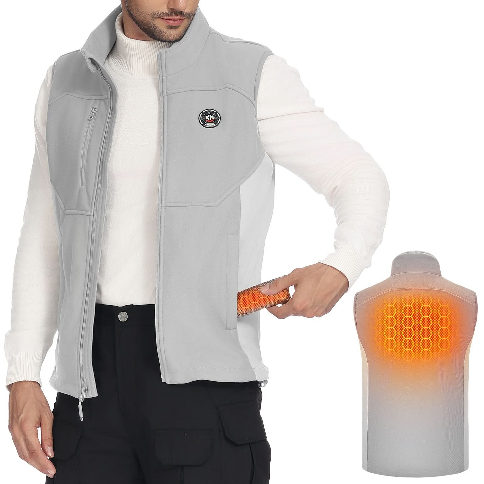 Man wearing a gray heated vest with an inset showing the heating element.