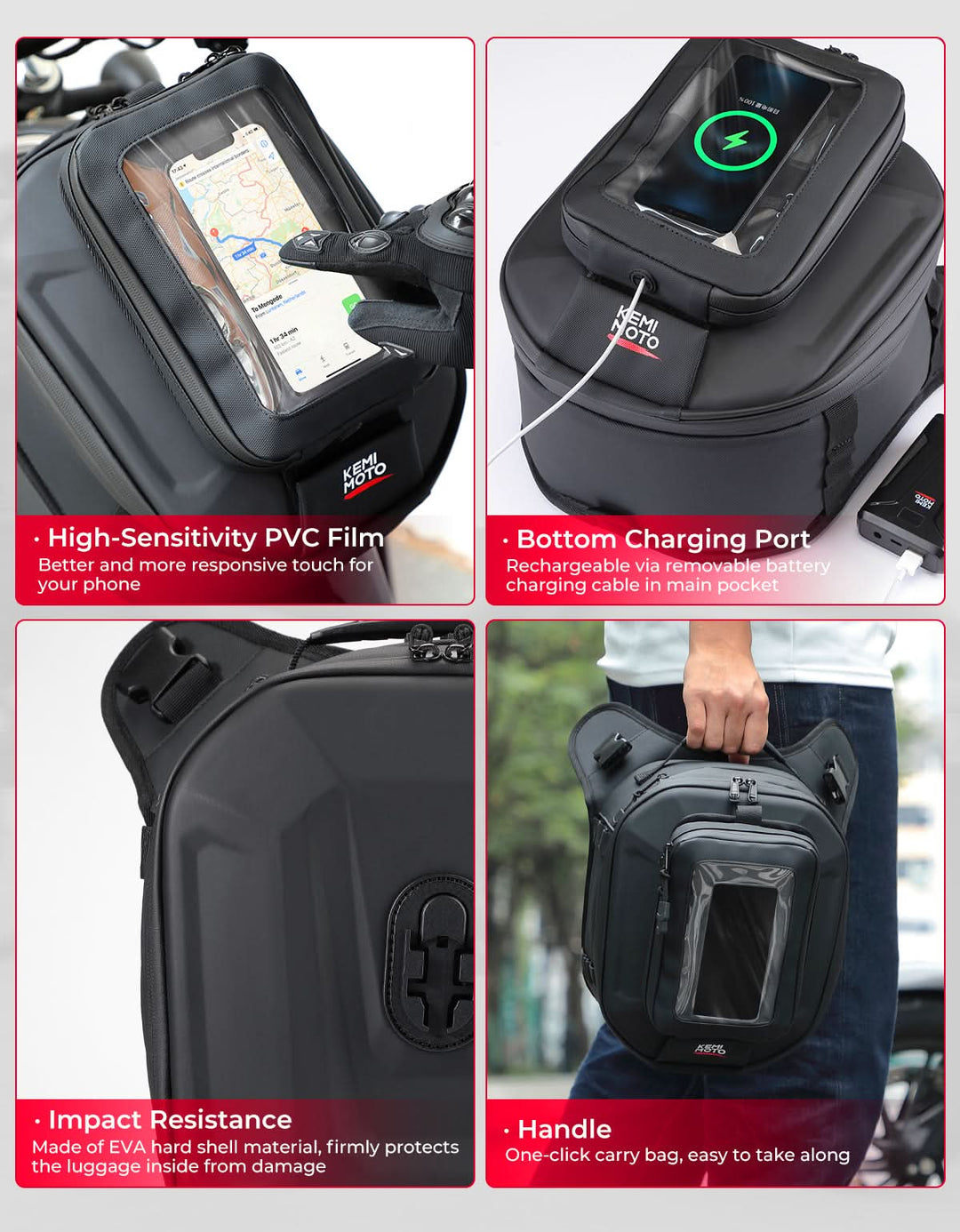 Motorcycle Tank Bag 13-16L Waterproof Hard Shell with Phone Holder