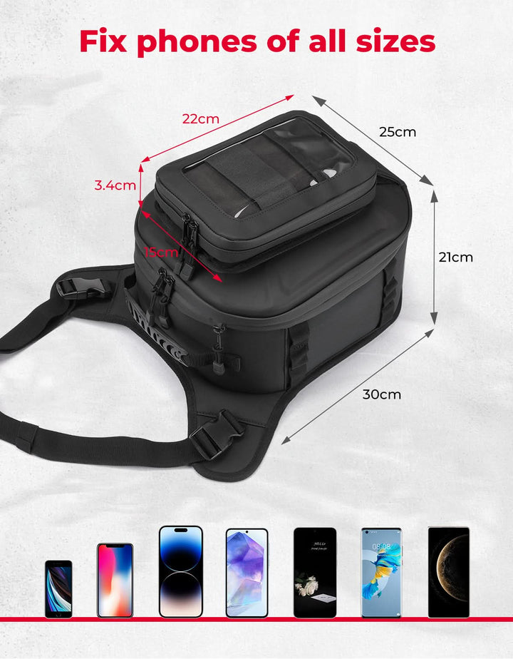 Motorcycle Tank Bag 13-16L Waterproof Hard Shell with Phone Holder