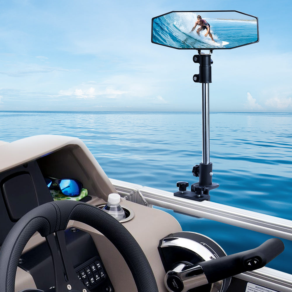 "10.5" x 4" Adjustable Marine Rearview Mirror with Telescoping Pole for Pontoon & Ski Boats - Kemimoto