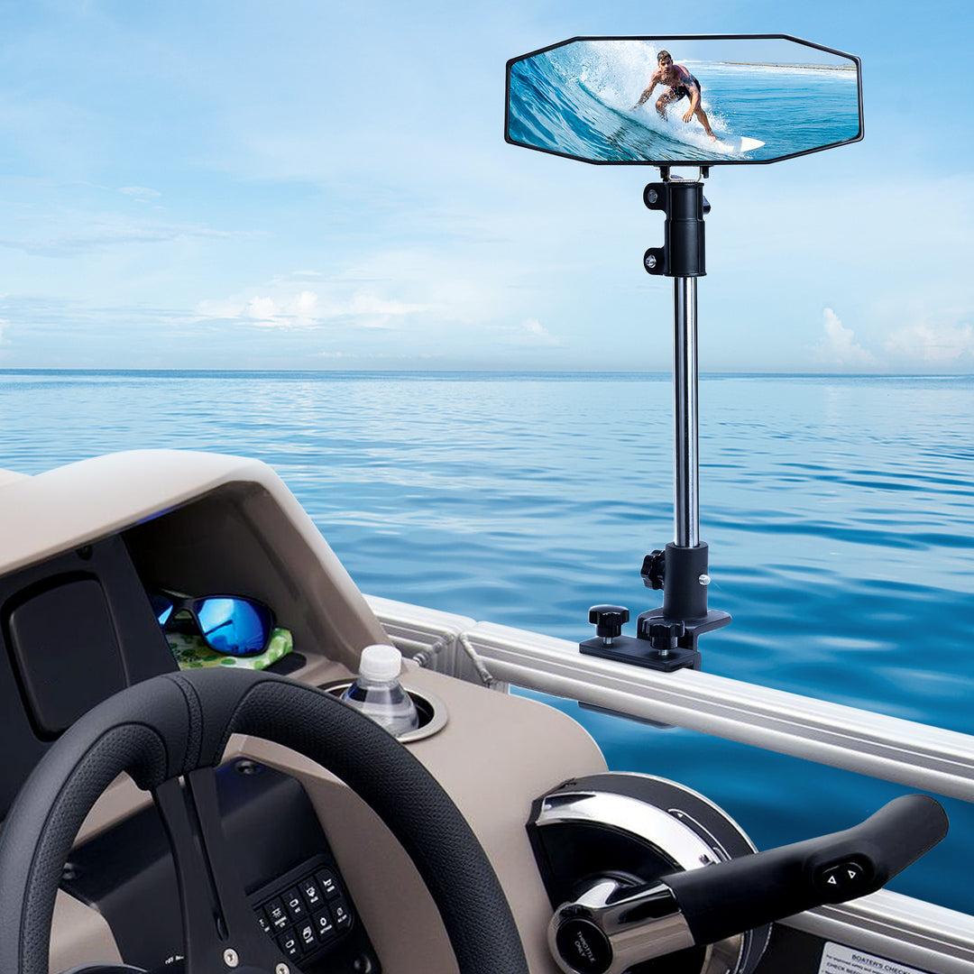 "10.5" x 4" Adjustable Marine Rearview Mirror with Telescoping Pole for Pontoon & Ski Boats