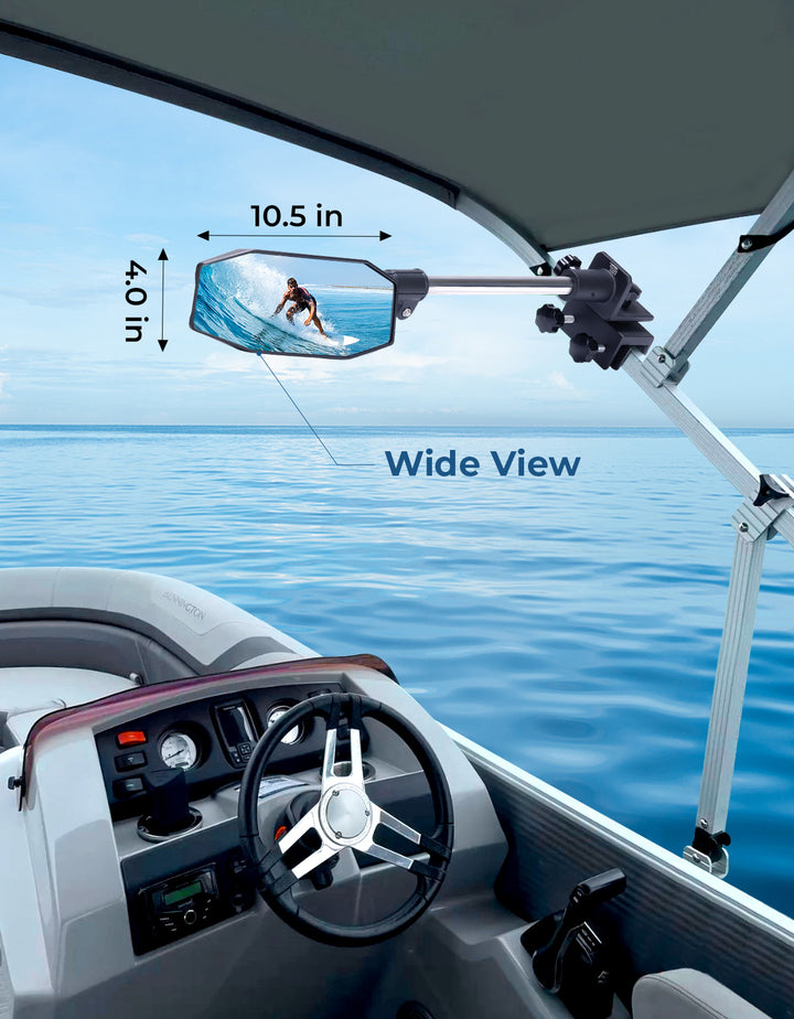 "10.5" x 4" Adjustable Marine Rearview Mirror with Telescoping Pole for Pontoon & Ski Boats