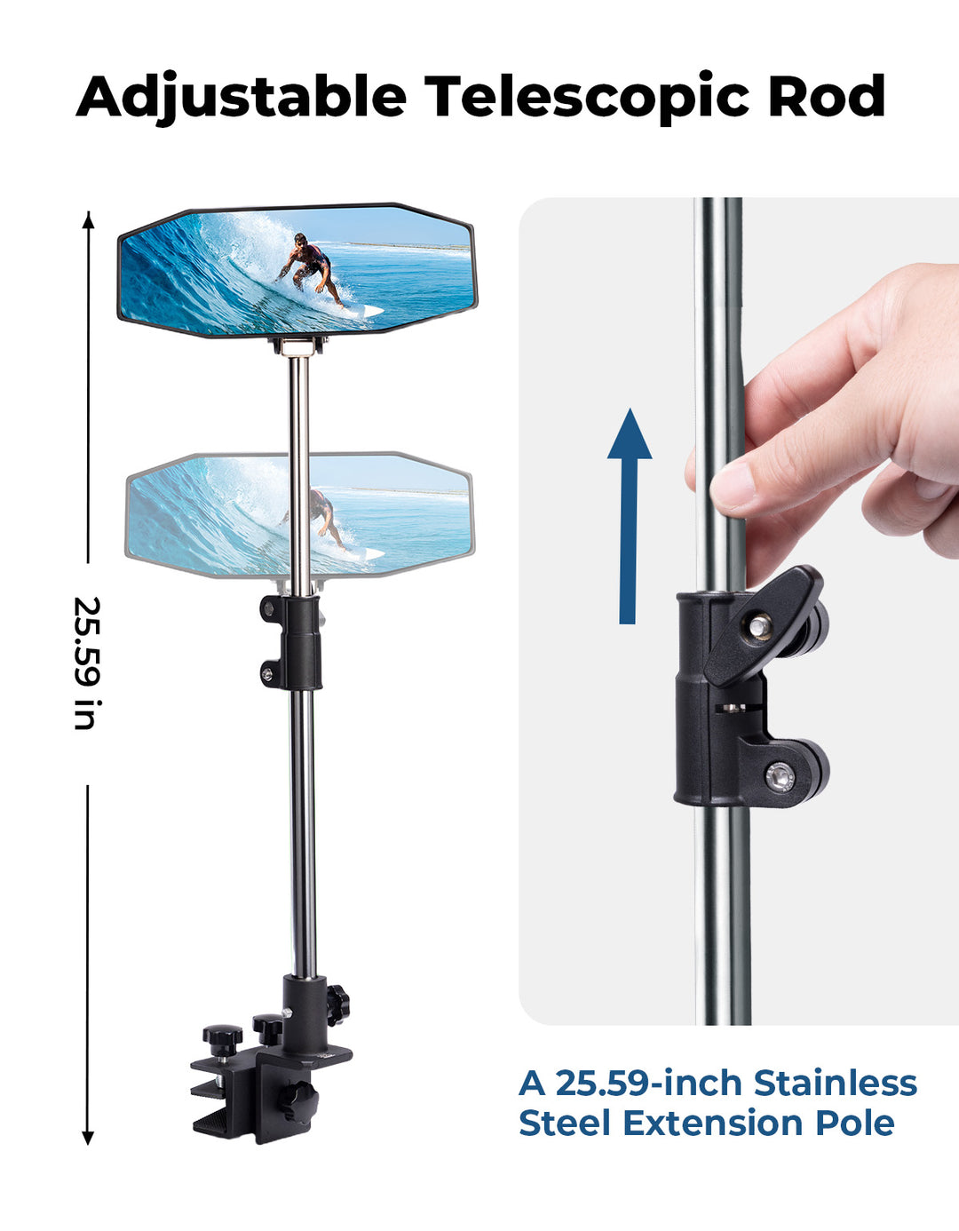 "10.5" x 4" Adjustable Marine Rearview Mirror with Telescoping Pole for Pontoon & Ski Boats