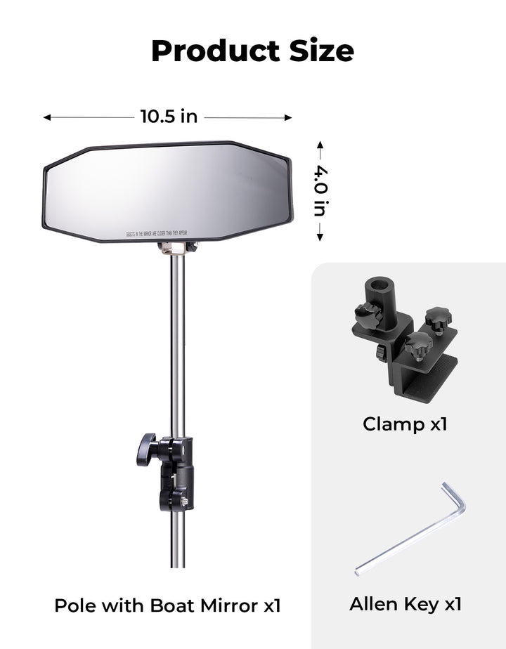 "10.5" x 4" Adjustable Marine Rearview Mirror with Telescoping Pole for Pontoon & Ski Boats