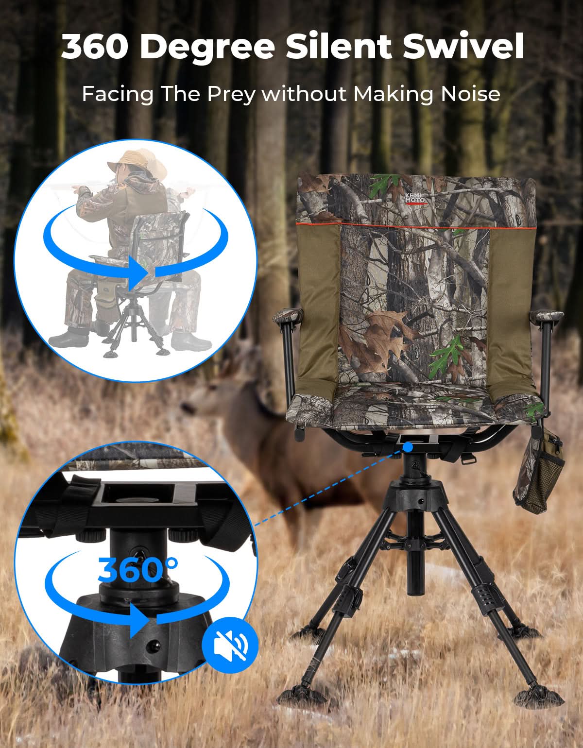 Heated Hunting Blind Chair 360 Degree Silent Swivel with 20000mAh Battery - Kemimoto