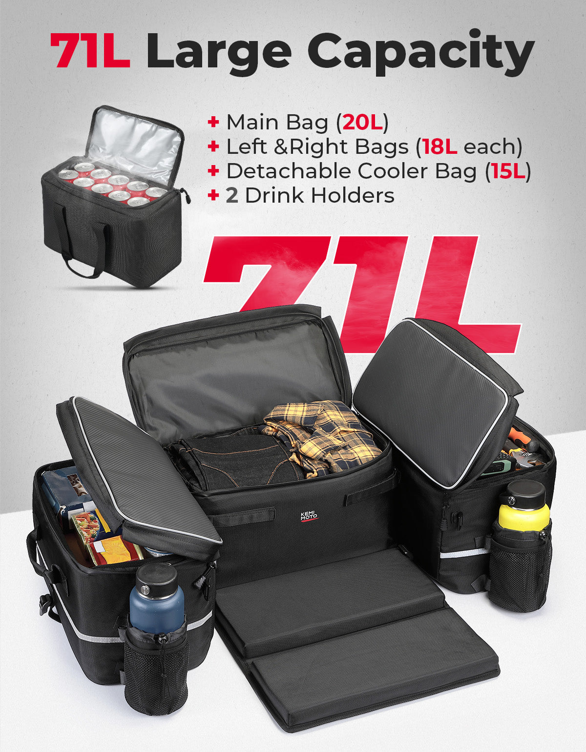 71L ATV Rear Seat Storage Bag with Cooler & Removable Cushion for