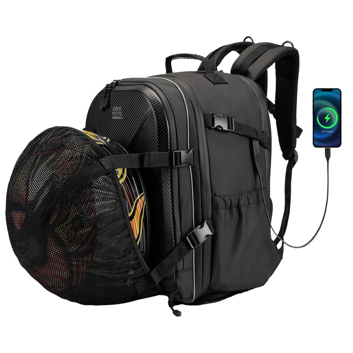 40L Waterproof Motorcycle Helmet Backpack, Hard Shell, USB Port - Kemimoto
