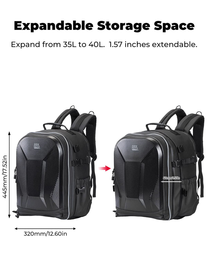 40L Waterproof Motorcycle Helmet Backpack, Hard Shell, USB Port - Kemimoto