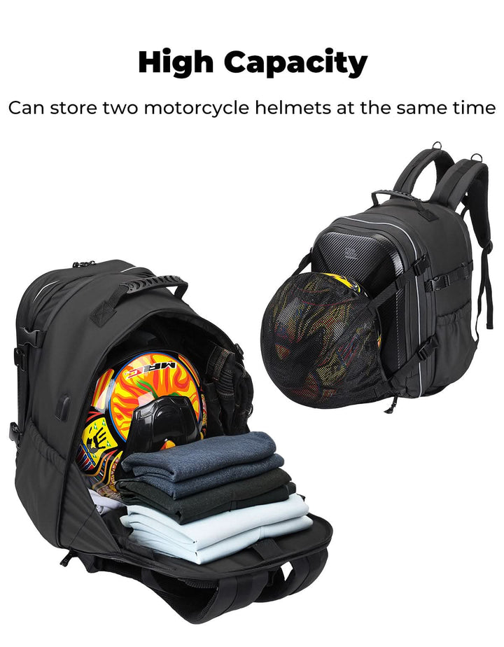 40L Waterproof Motorcycle Helmet Backpack, Hard Shell, USB Port - Kemimoto
