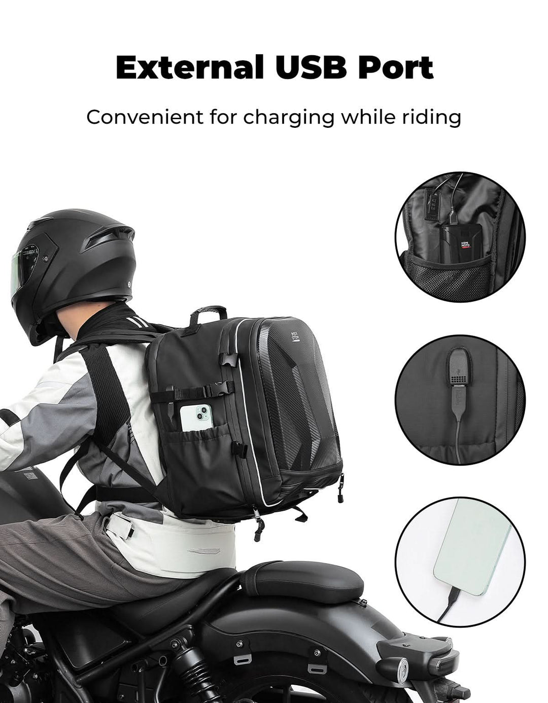 40L Waterproof Motorcycle Helmet Backpack, Hard Shell, USB Port - Kemimoto