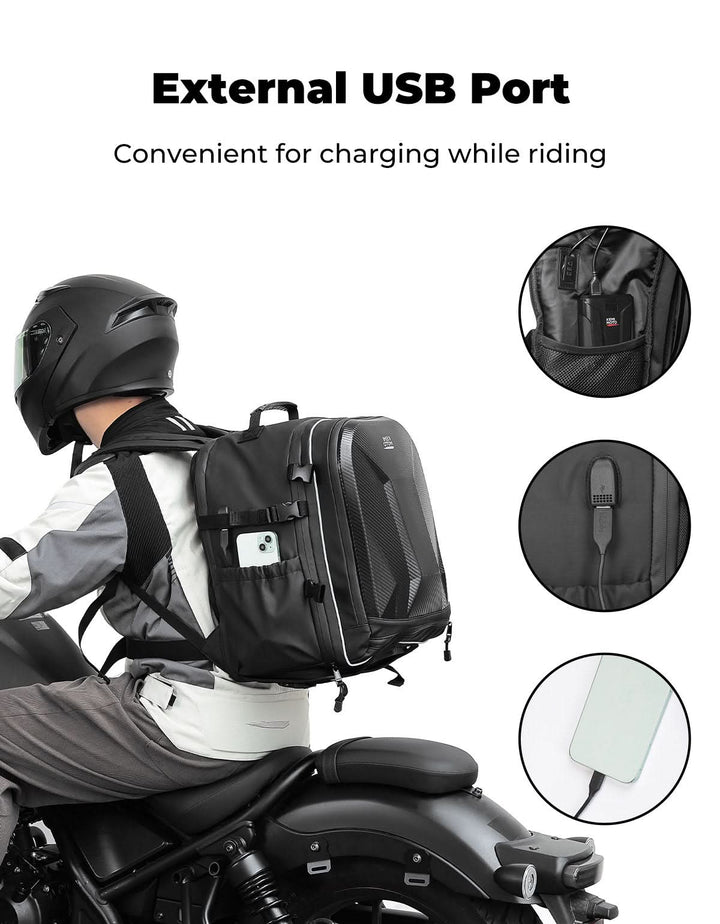 40L Waterproof Motorcycle Helmet Backpack, Hard Shell, USB Port - Kemimoto