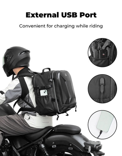 40L Waterproof Motorcycle Helmet Backpack, Hard Shell, USB Port - Kemimoto