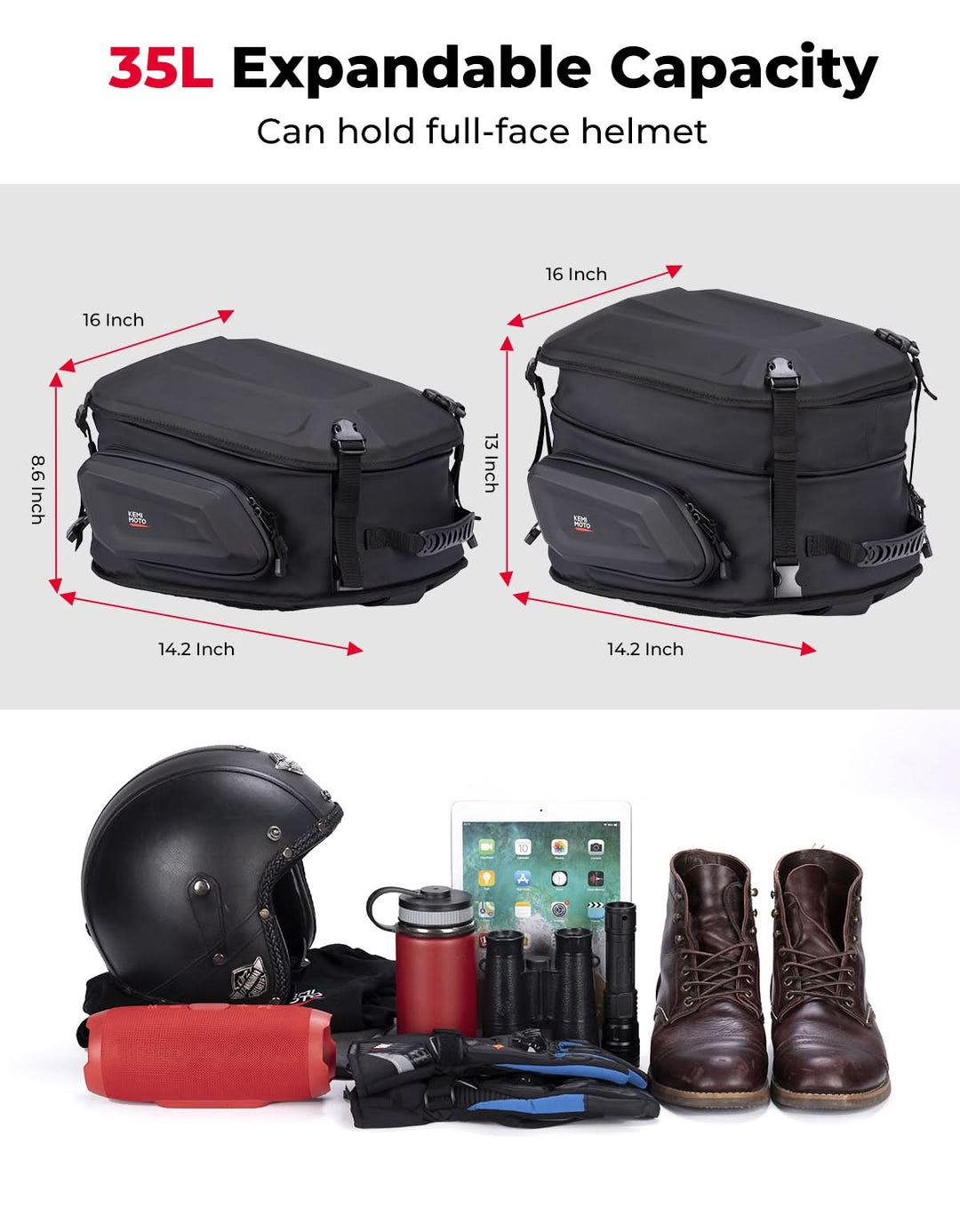 Motorcycle Hard Shell Tail Bag 23-35L Expandable Waterproof