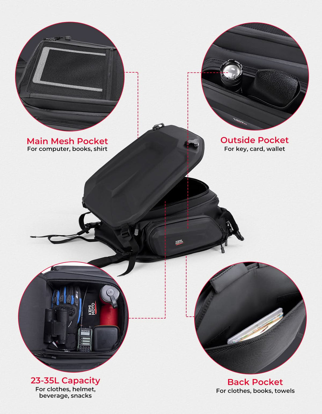Motorcycle Hard Shell Tail Bag 23-35L Expandable Waterproof