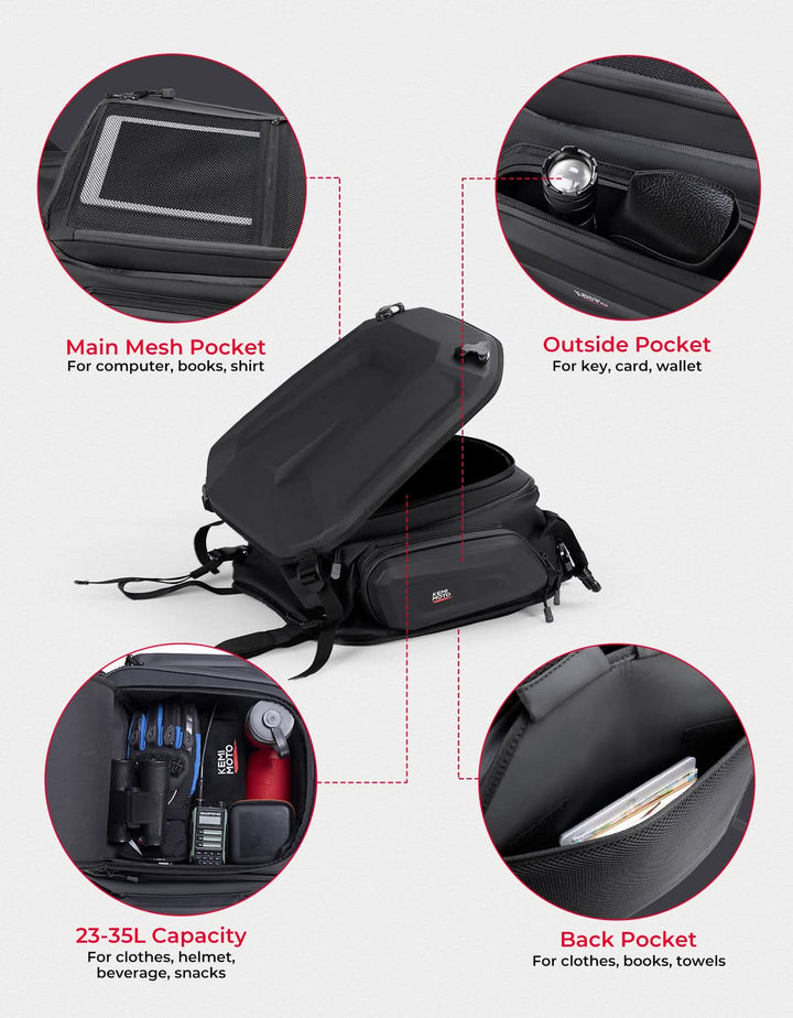 Motorcycle Hard Shell Tail Bag 23-35L Expandable Waterproof