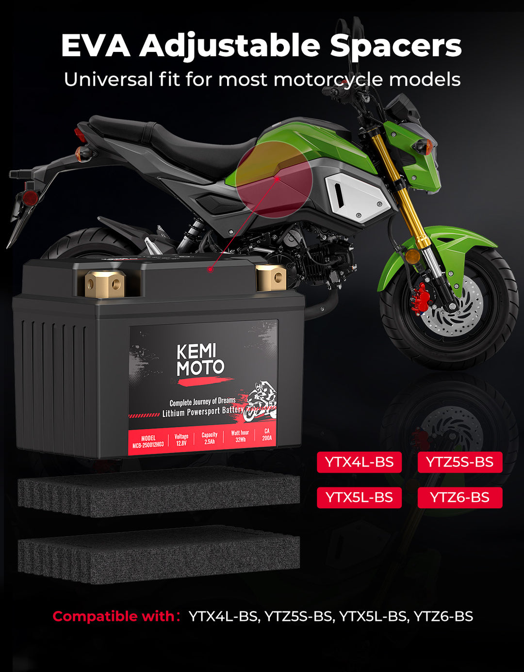 LiFePO4 12v 2.5Ah Lithium Battery for Motorcycle/ Lawn Mower /ATV/ UTV - Kemimoto
