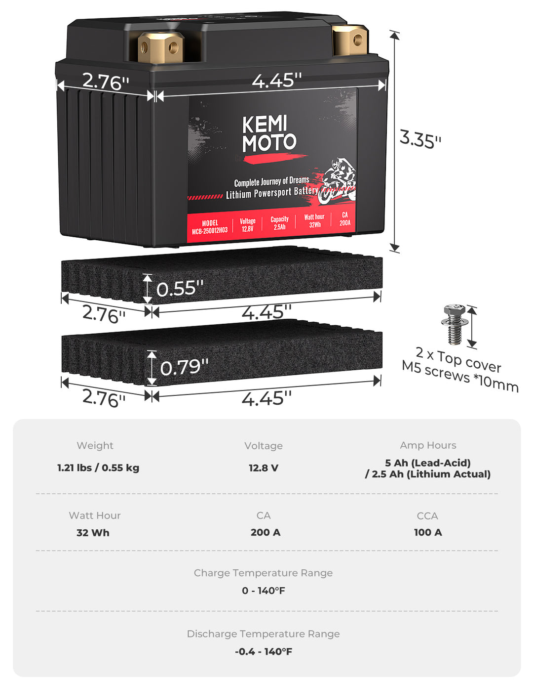 LiFePO4 12v 2.5Ah Lithium Battery for Motorcycle/ Lawn Mower /ATV/ UTV - Kemimoto