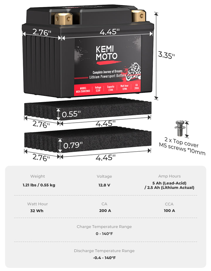 LiFePO4 12v 2.5Ah Lithium Battery for Motorcycle/ Lawn Mower /ATV/ UTV - Kemimoto