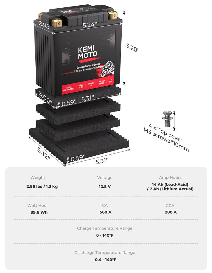 LiFePO4 12v 7Ah Lithium Battery for Motorcycle/ Lawn Mower /ATV/ UTV - Kemimoto