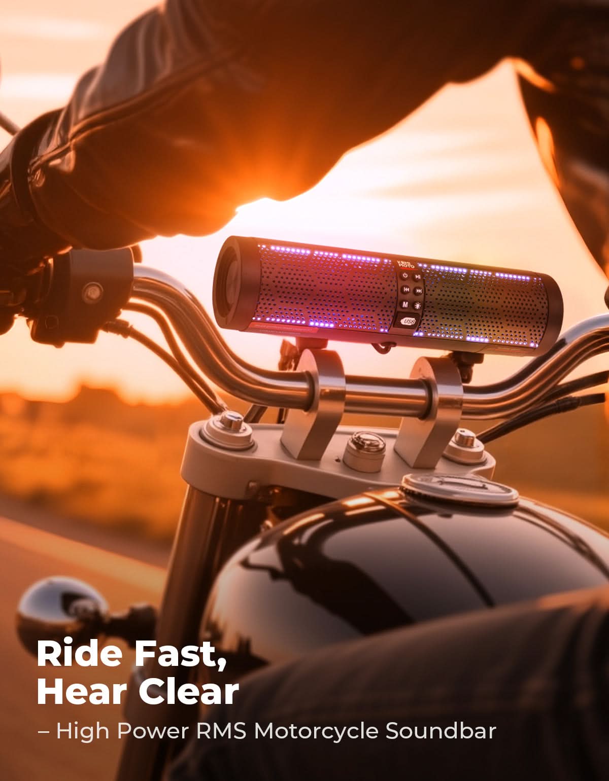 Motorcycle Bluetooth Sound Bar 4 Speakers Waterproof RGB Handlebar