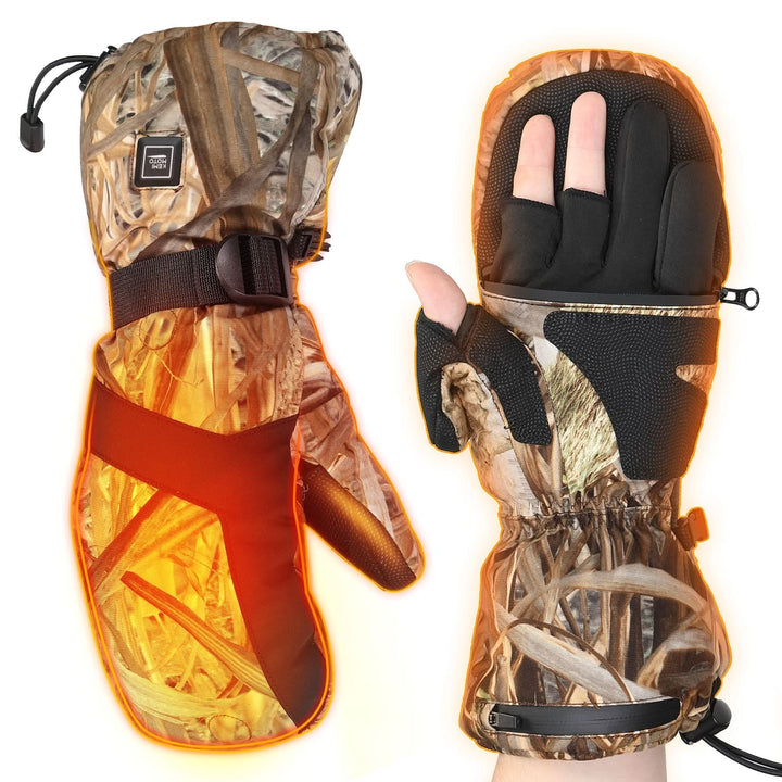 Heated Hunting Gloves Camo, Flip Fingerless Mittens for Men Women