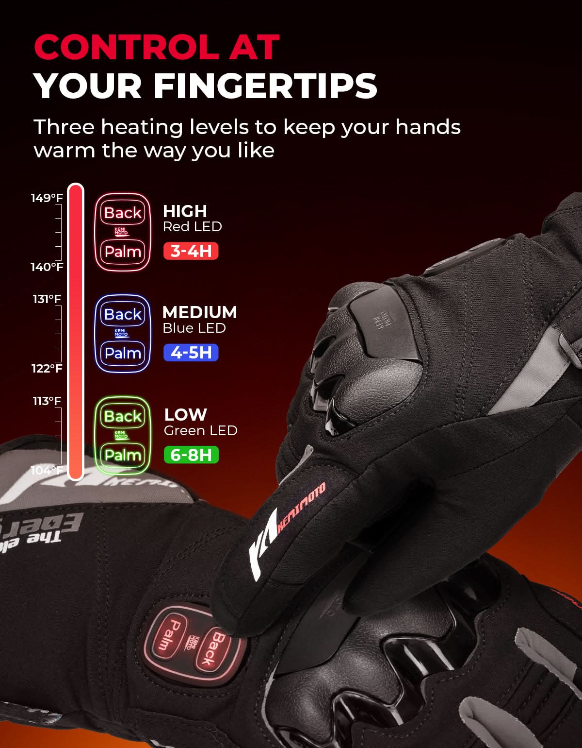 Heated Motorcycle Gloves 2025 with Protective Shields and Battery - Kemimoto