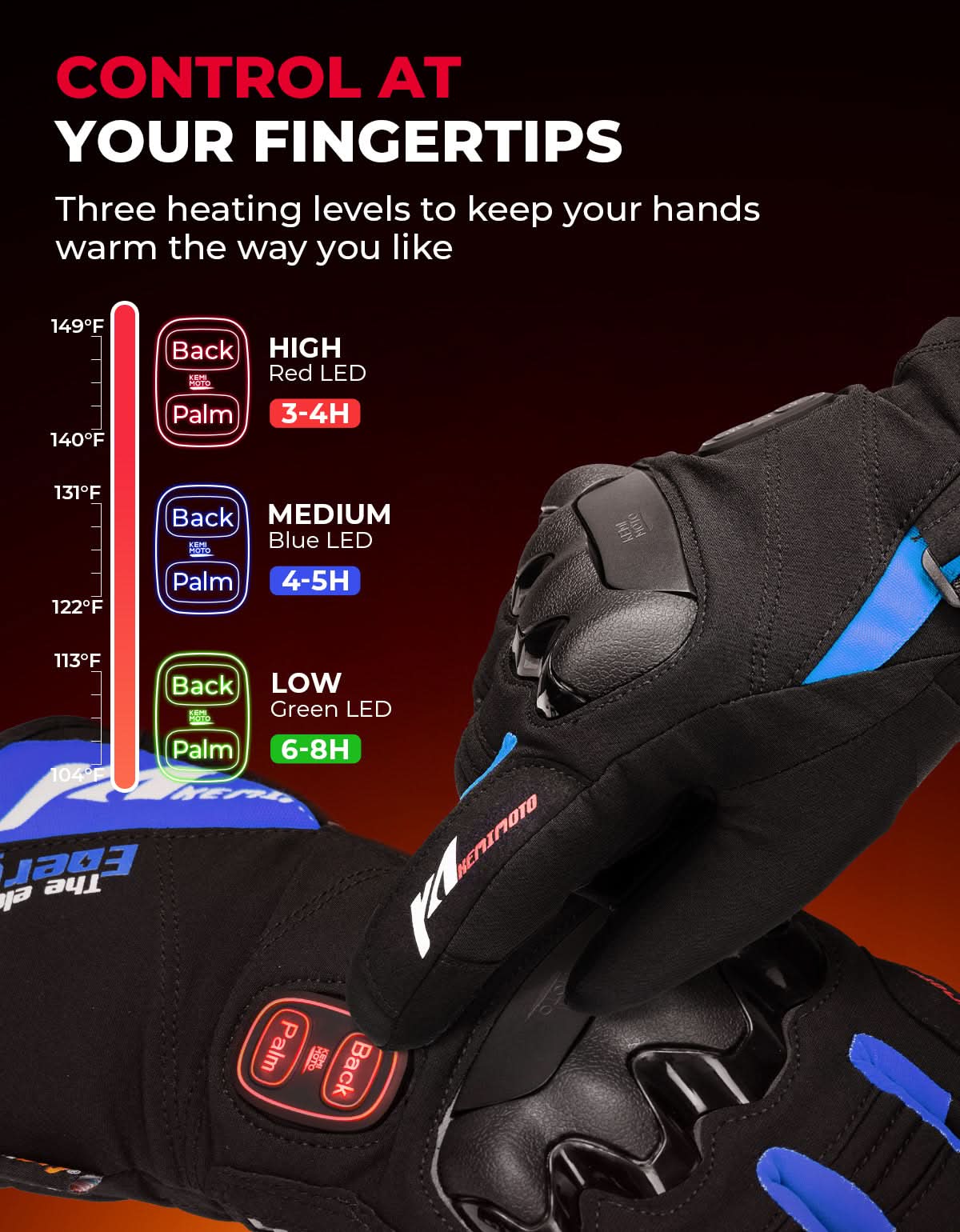 Heated Motorcycle Gloves 2025 with Protective Shields and Battery - Kemimoto