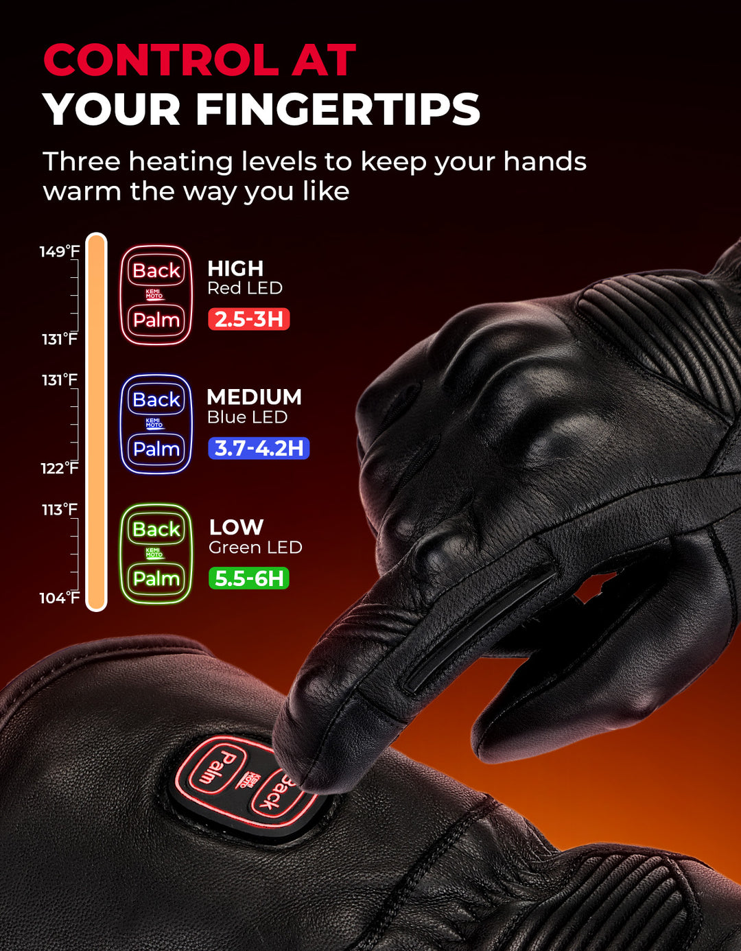 Heated Motorcycle Gloves Sheepskin 7.4V Battery Waterproof Touchscreen - Kemimoto