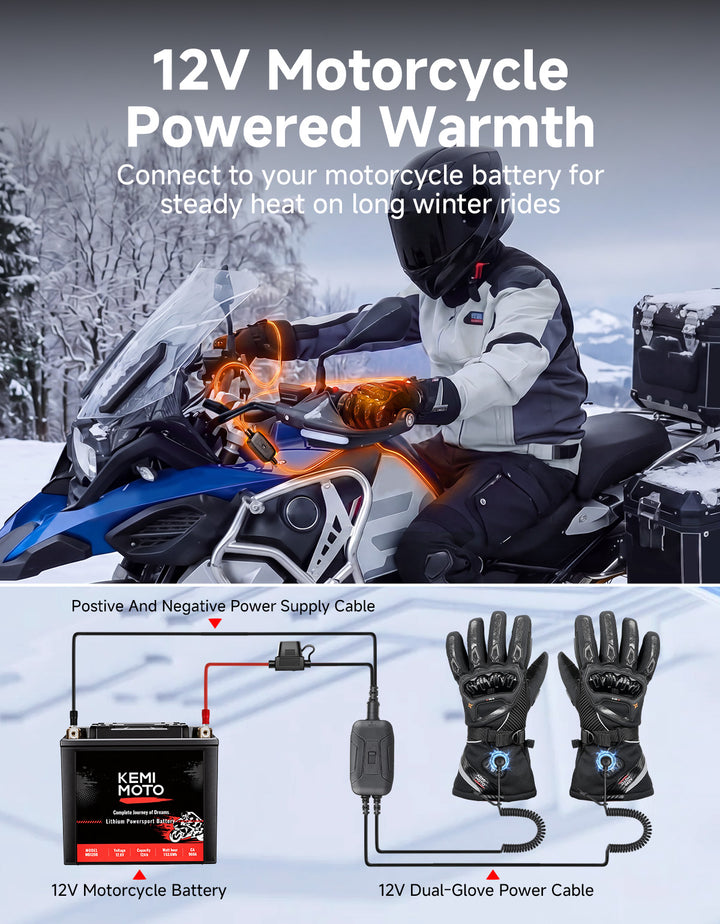 Heated Winter Motorcycle Riding Gloves  Gear with Magnetic Quick-Release Power Cable