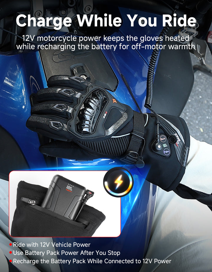 Heated Winter Motorcycle Riding Gloves  Gear with Magnetic Quick-Release Power Cable