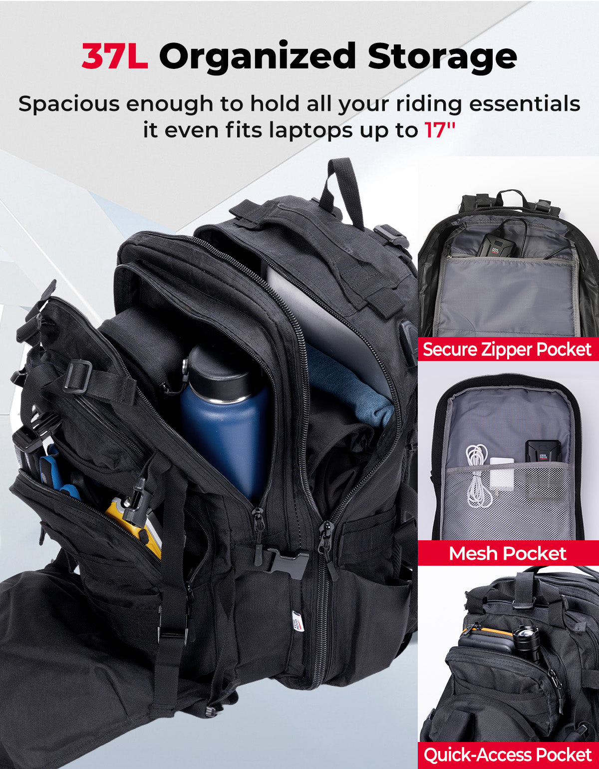 37L Motorcycle Helmet Backpack with USB-charge Port - Kemimoto