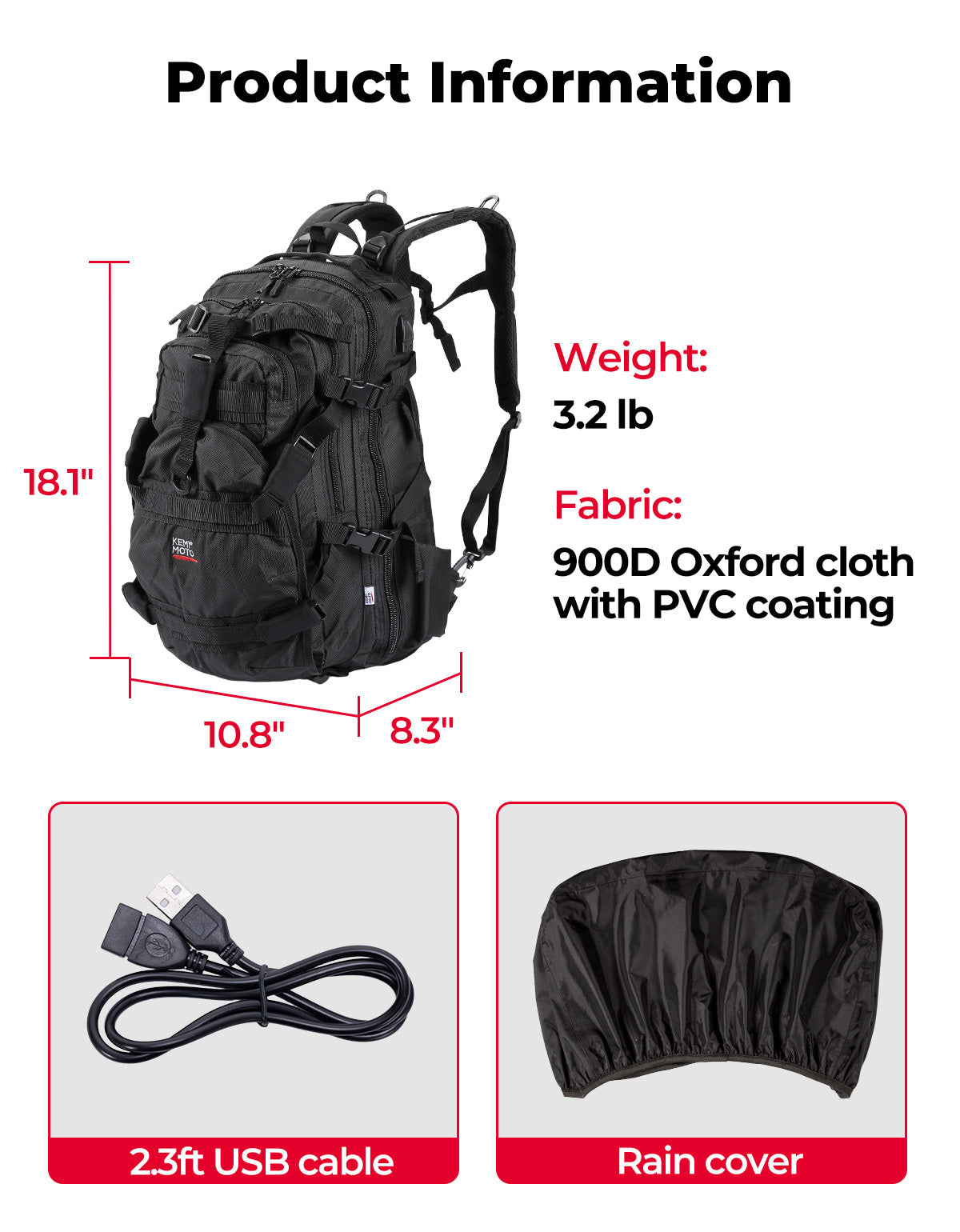 37L Motorcycle Helmet Backpack with USB-charge Port - Kemimoto