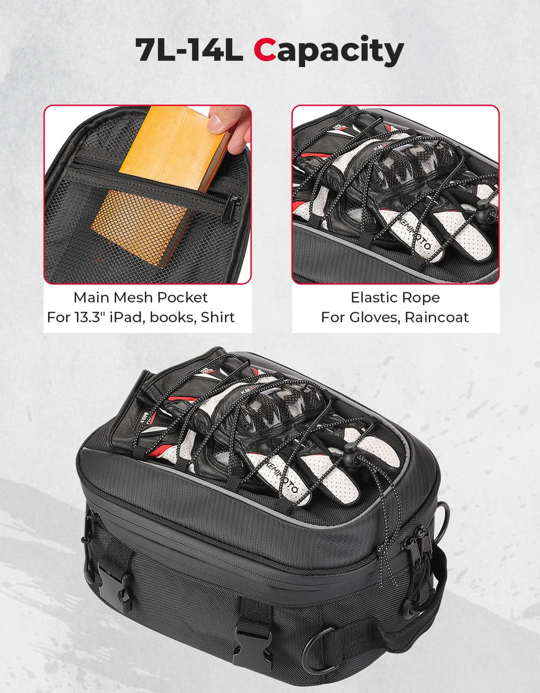 Motorcycle Tail Bag, 7-14L Expandable Motorbike Helmet Bag - Kemimoto